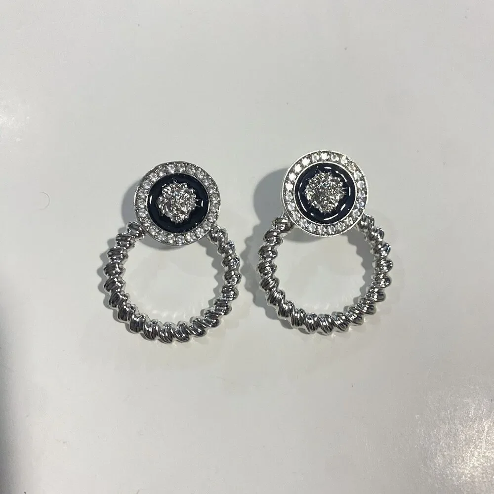 Silver Tone Twisted Rope Hoop Earrings Black Lion Crystal Dangle Drop Gift